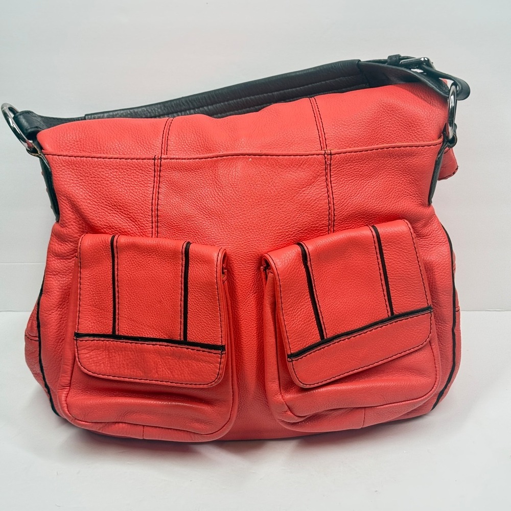 Oryany Fold‎ Over Shoulder Bag Coral Pebbled Leather Zip Top Pocket Strap